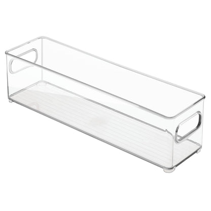 Clear 4x4-inch specialty kitchen plastic fridge bin by Emery Jensen for organized food storage.