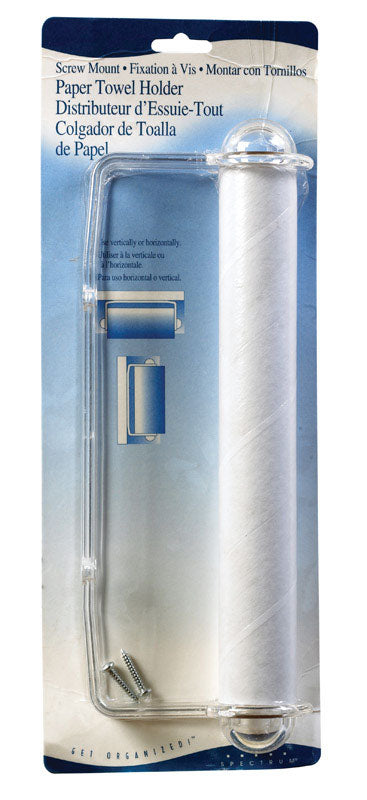 Clear Emery Jensen paper towel holder from specialty pantryware, featuring a sleek, transparent design for kitchen organization.