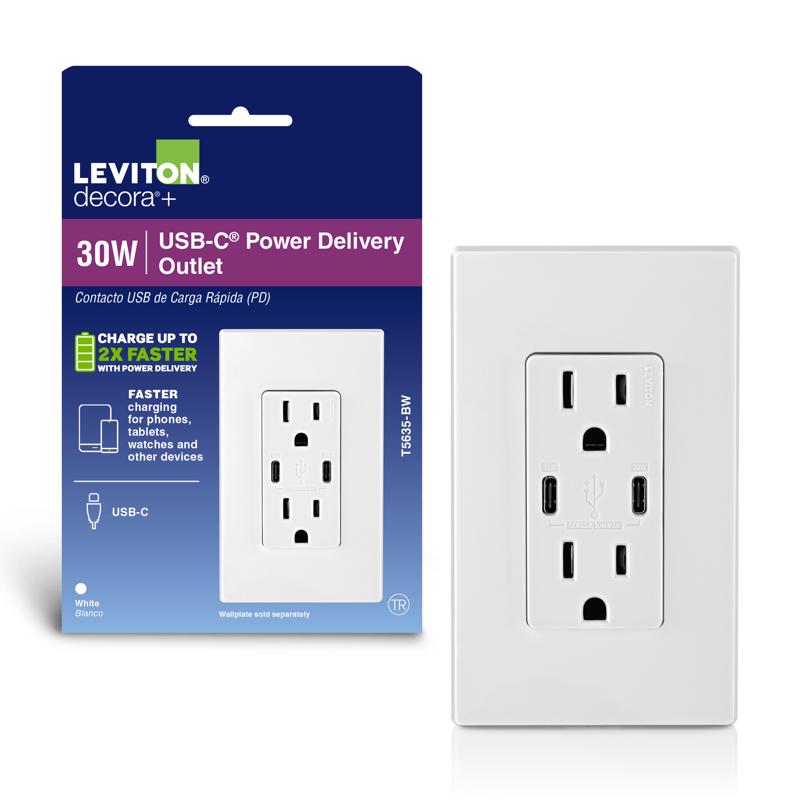 Emery Jensen duplex Type C outlet white specialty receptacle with two USB-C ports for charging devices.