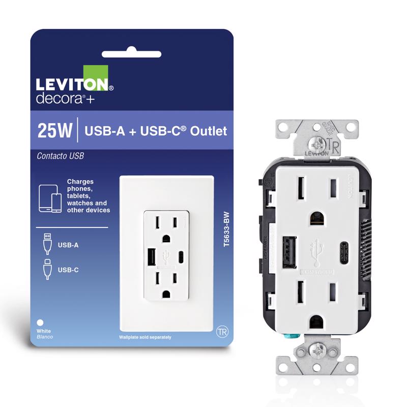 White duplex USB outlet from Emery Jensen’s specialty receptacles line, featuring A&C sockets for versatile electrical connections.