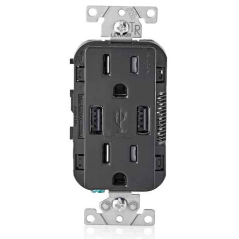 Emery Jensen 15A black outlet with USB charger port, specialty receptacle for electrical and charging needs.