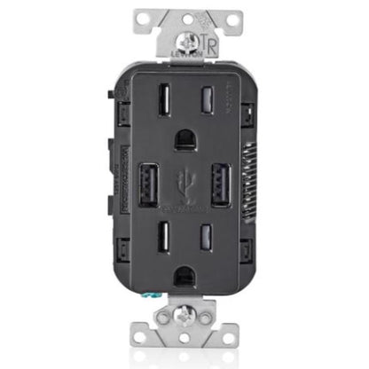 Emery Jensen 15A black outlet with USB charger port, specialty receptacle for electrical and charging needs.