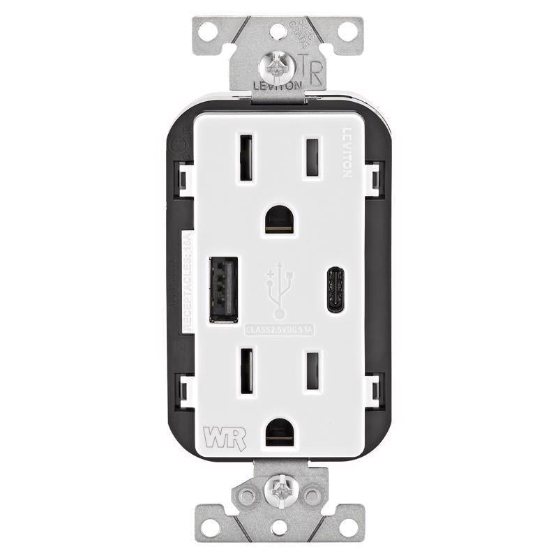 Emery Jensen white 125V outlet with built-in USB charger, specialty receptacle for versatile electrical connections.