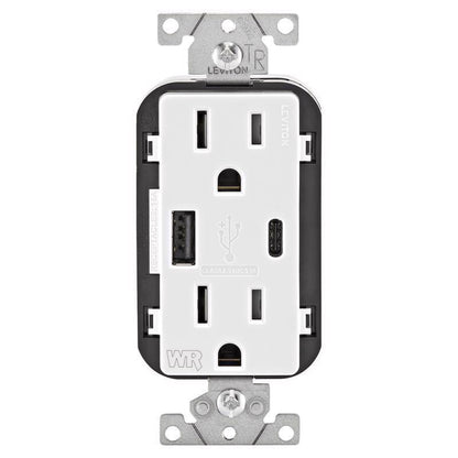 Emery Jensen white 125V outlet with built-in USB charger, specialty receptacle for versatile electrical connections.