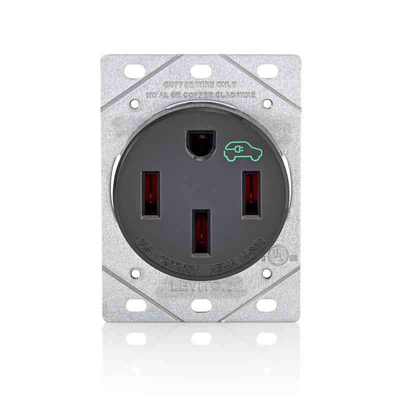 Emery Jensen OUTLT SGL EV 14-50R 250V specialty receptacle with a black and red design for electric vehicle charging.