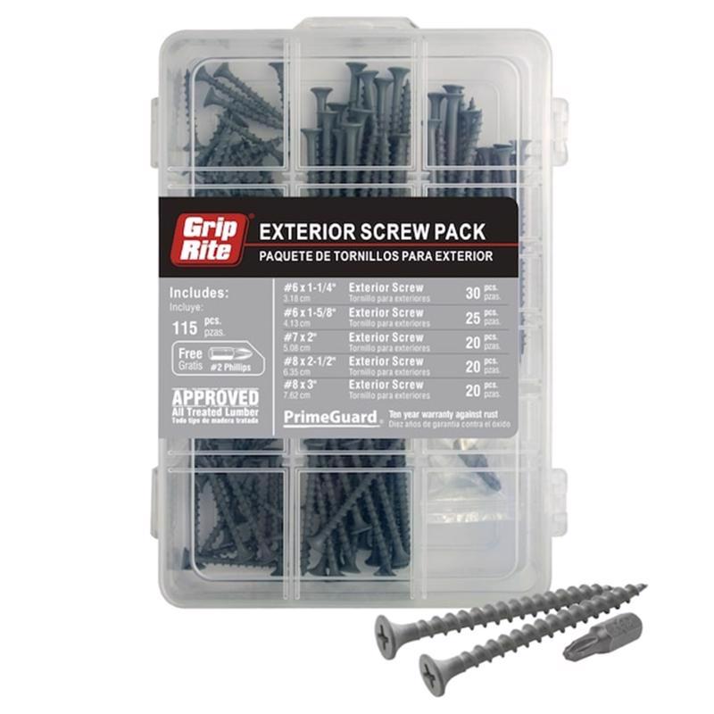 Set of 115 Emery Jensen exterior specialty screws for outdoor construction and repairs, shown in a clear image.