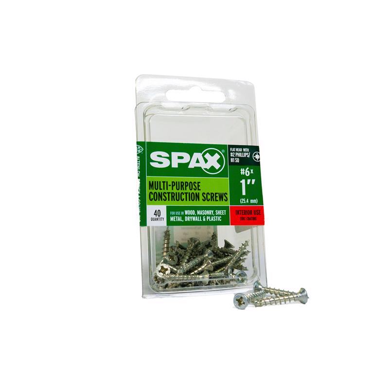 Emery Jensen specialty screws, SPAX FH 6x1 zinc, shown in a box of 40, with detailed threading and zinc coating.