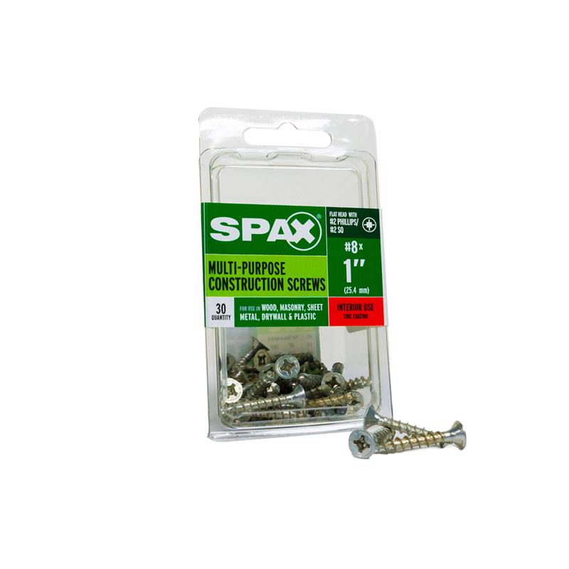 Emery Jensen specialty screws, SPAX FH 8x1 zinc, shown in a box of 30, designed for durable fastening applications.