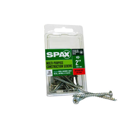 Emery Jensen specialty screws, SPAX FH 8x2 zinc, shown in a box of 20, close-up of screw heads and threading