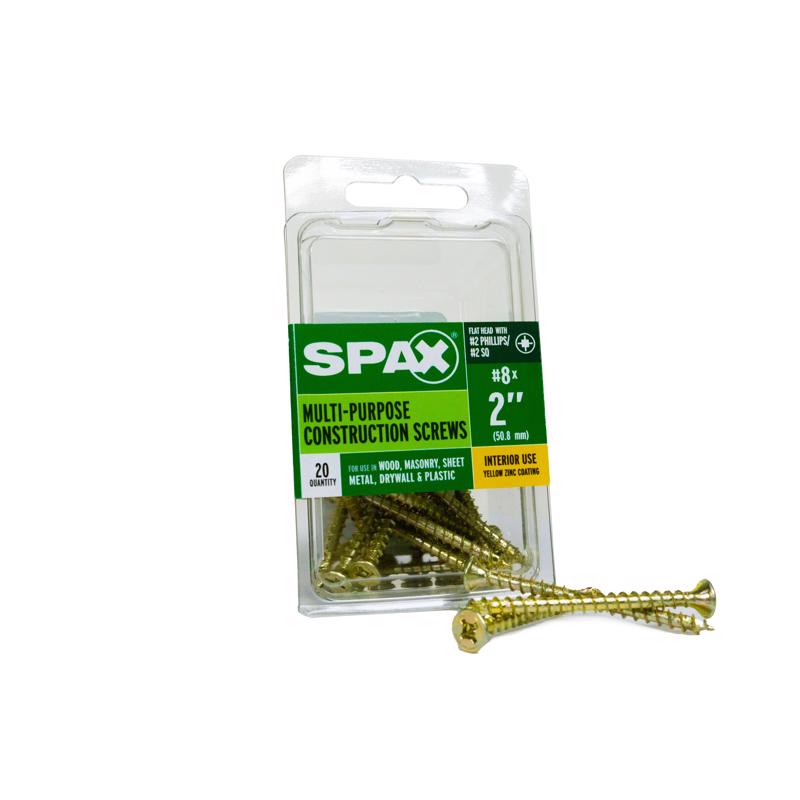 Emery Jensen specialty screws, SPAX FH 8x2 yellow box of 20, showing the yellow-coated screws for fastening and woodworking.