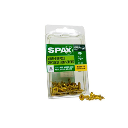 Emery Jensen specialty screws, SPAX FH 8x3/4YLBX35, showing close-up of the Phillips head and threaded body.