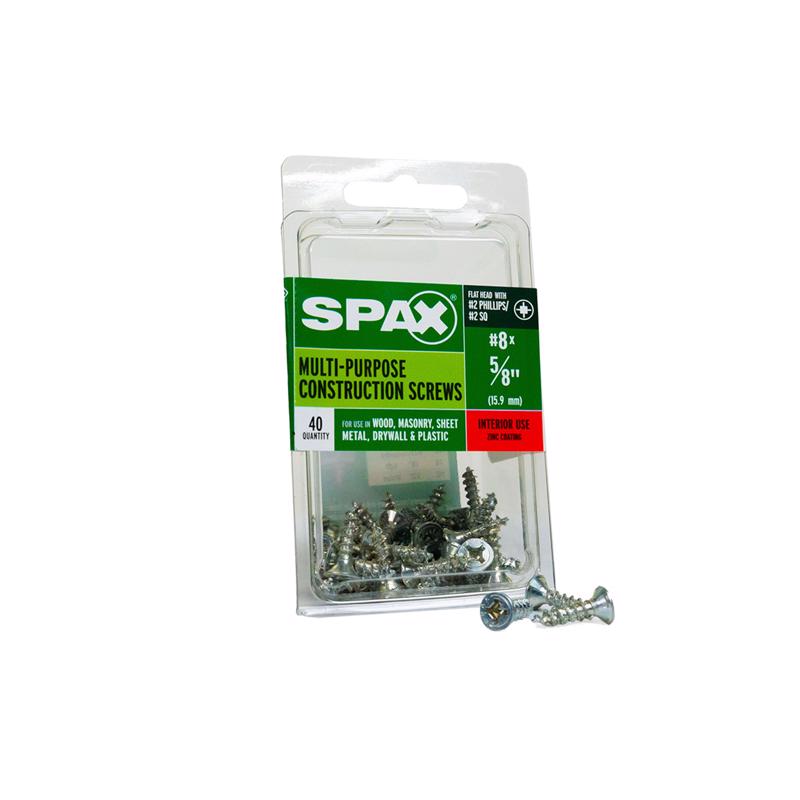 Emery Jensen specialty screws, SPAX FH 8x5/8 zinc-coated, shown in close-up with threading and flat head design.