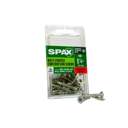 Emery Jensen specialty screw SCRW SPAX FH8x1.25ZNBX30 showing a close-up of a zinc-coated screw with threading and flat head.
