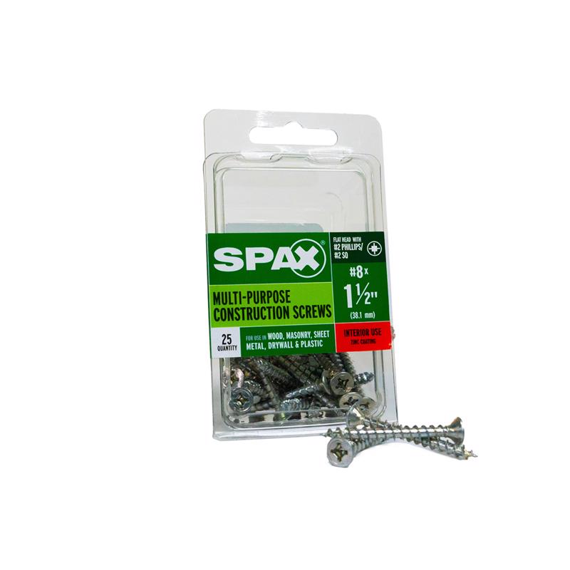 Emery Jensen specialty screw SCRW SPAX FH8X1.5 ZNBX25, showing a close-up of the zinc-coated screw with threading and flat head.