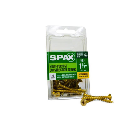 Emery Jensen specialty screw SCRW SPAX FH8X1.5YLWBX25, showing a close-up of the screw with a Phillips head and zinc finish