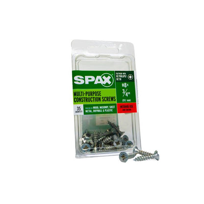 Emery Jensen specialty screws, FH8x3/4 zinc finish, shown in a box of 35 for woodworking and construction projects.