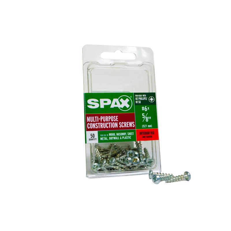 Emery Jensen specialty screws, SPAX PH 6x5/8 inch, shown in a box of 50 for woodworking and construction projects.