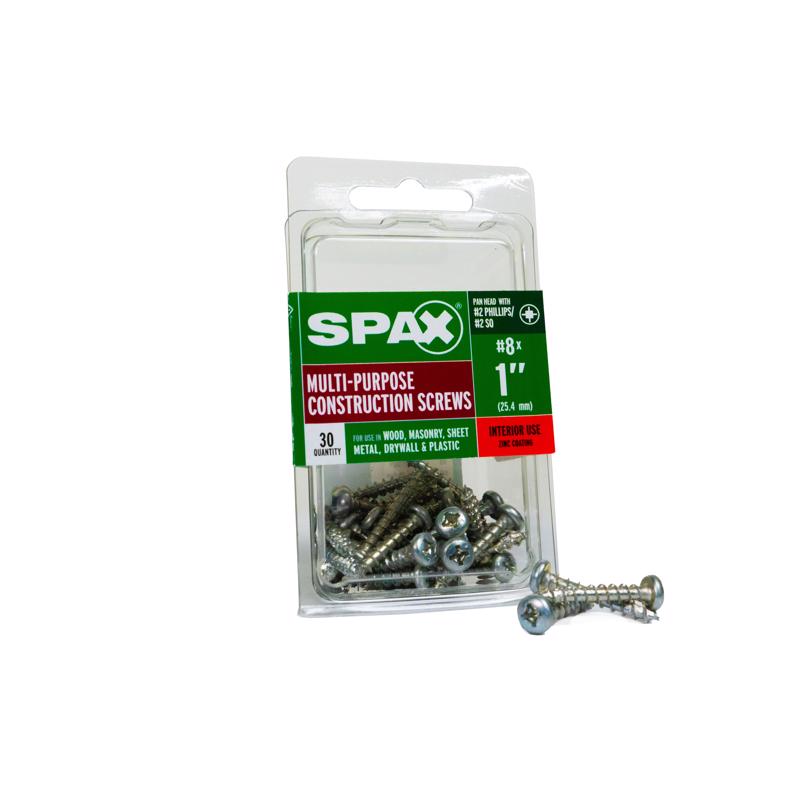 Emery Jensen SPAX PH 8x1 specialty screws in a box, showing close-up of the threaded screws for woodworking and construction projects.