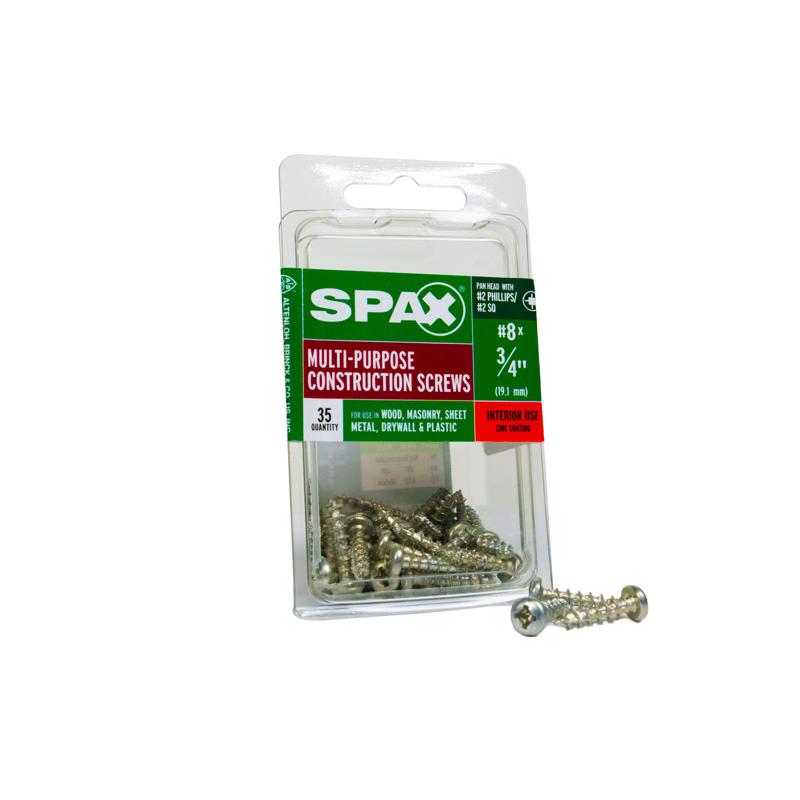 Emery Jensen Spax PH 8x3/4-inch specialty screws stacked in a box, showing shiny metal finish and screw head detail.