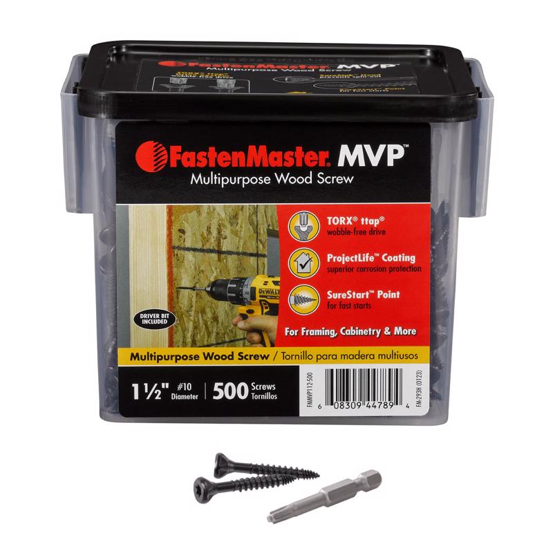 Emery Jensen 1-1/2-inch specialty wood screws in a 500-pack, showing shiny metal screws with flat heads for woodworking projects.