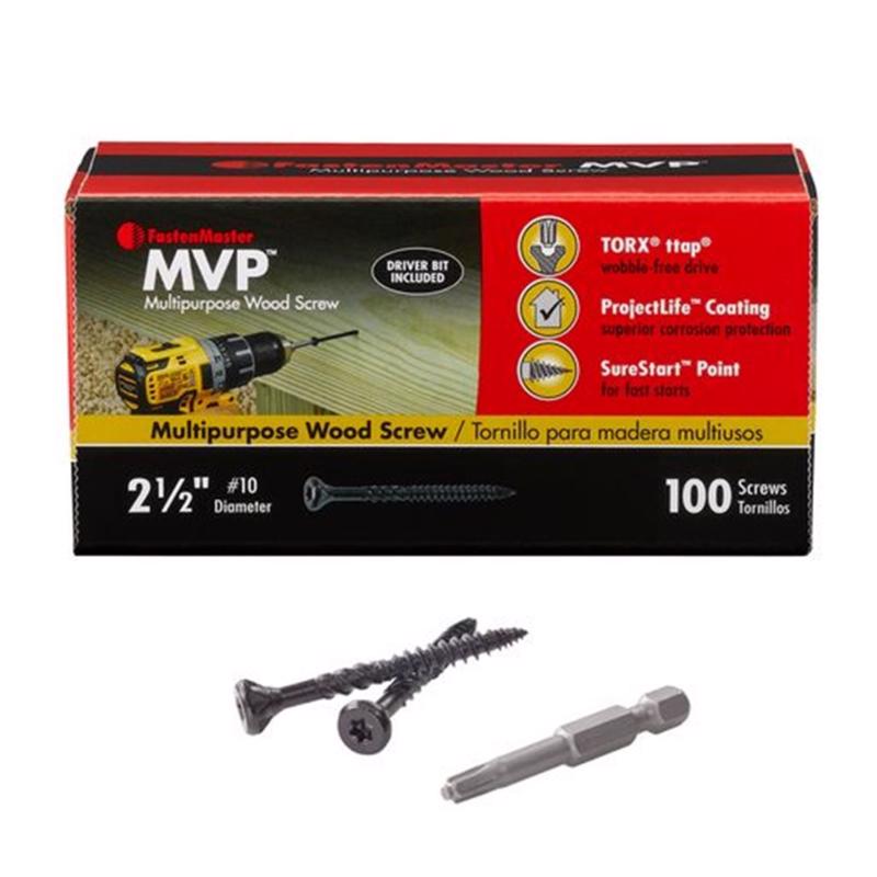 Emery Jensen 2-1/2 inch wood screw in a 100-pack of specialty screws, showing the screw's threading and head design.