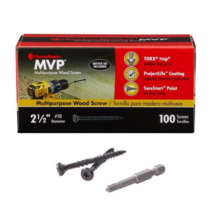 Emery Jensen 2-1/2 inch wood screw in a 100-pack of specialty screws, showing the screw's threading and head design.