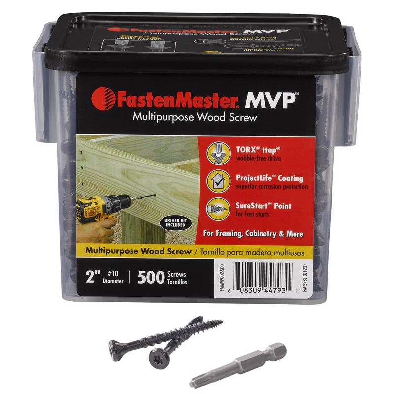 Box of 2-inch Emery Jensen specialty wood screws in a 500-pack, showing the screws with Phillips heads and threaded shanks.
