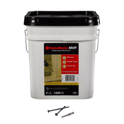 Emery Jensen 3-inch specialty wood screws in a 1,600-pack, showing shiny metal screw heads and threaded shafts.