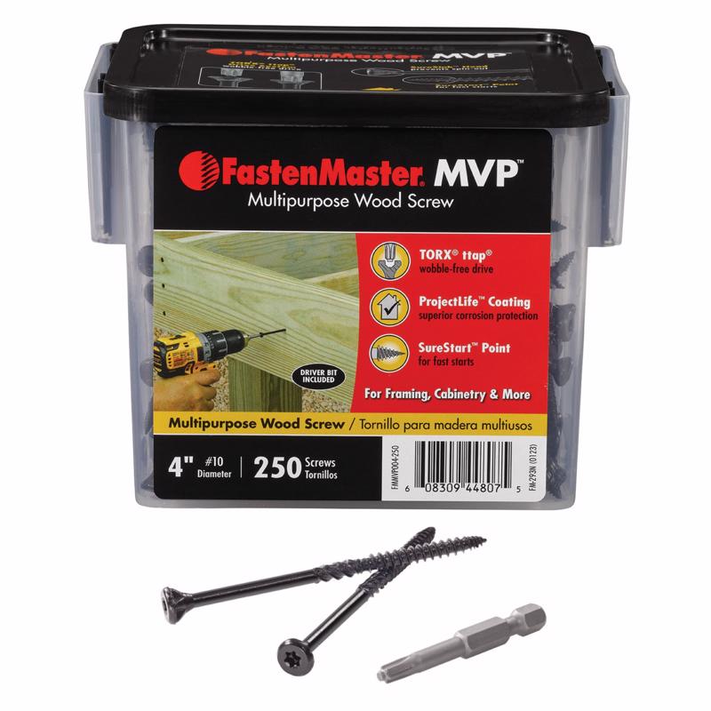 Emery Jensen 4-inch wood screws, specialty screws, shown in a 250-pack, with a close-up of the screw head and threads.