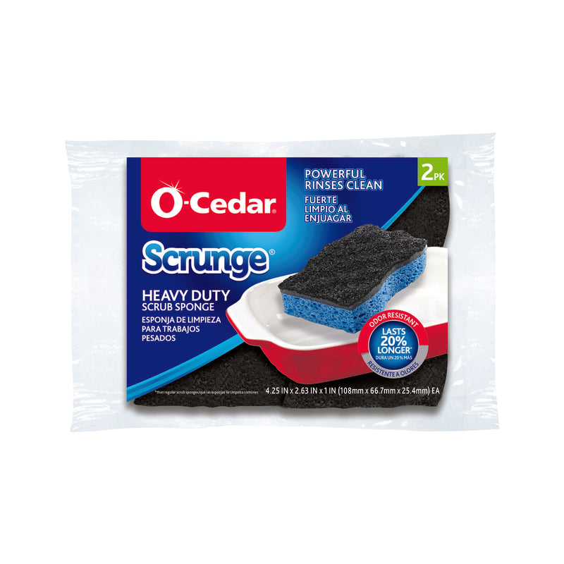 Emery Jensen Scrunge Sponge HD 2-pack, durable scrubbing sponges for cleaning dishes and surfaces, shown stacked on a countertop.