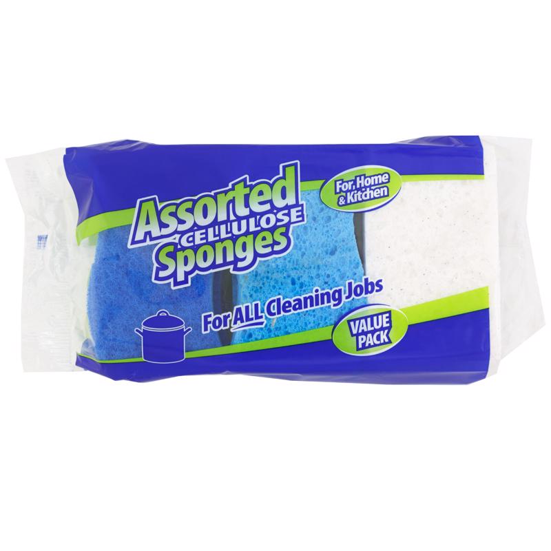 Set of 18 Emery Jensen cellulose sponges, assorted in a pack of 6 for versatile cleaning and scrubbing tasks.