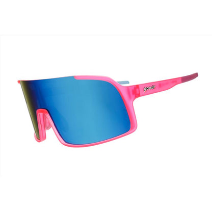 Emery Jensen SNGLS CNFT CN sports sunglasses with blue and pink tinted lenses, stylish and sporty eyewear for active wear.
