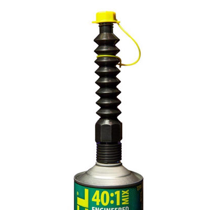 Plastic fuel spout by Emery Jensen with hose attachment for easy pouring and fuel transfer.