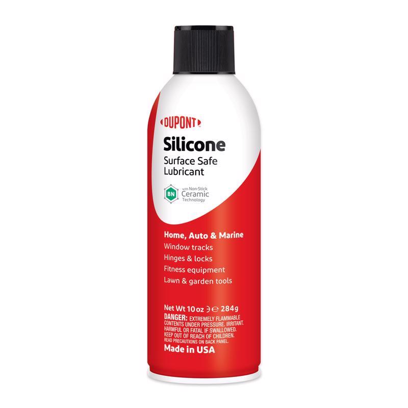 Emery Jensen Dupont Silicone Lube spray bottle, 10oz, with black nozzle and clear label, for lubrication and smooth operation