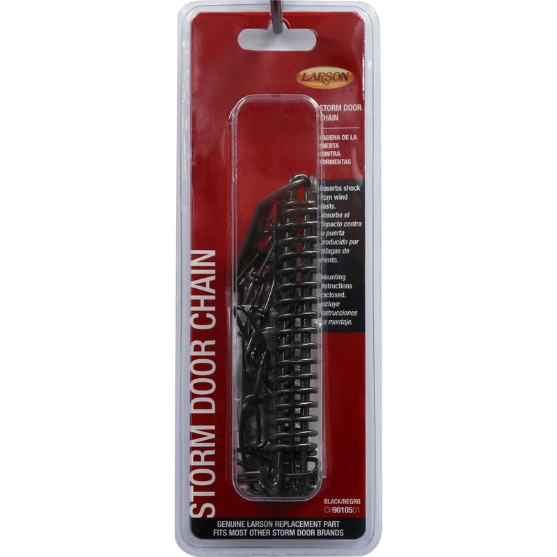 Black storm door chain spring from Emery Jensen, showing the coiled spring component for door security and stability.
