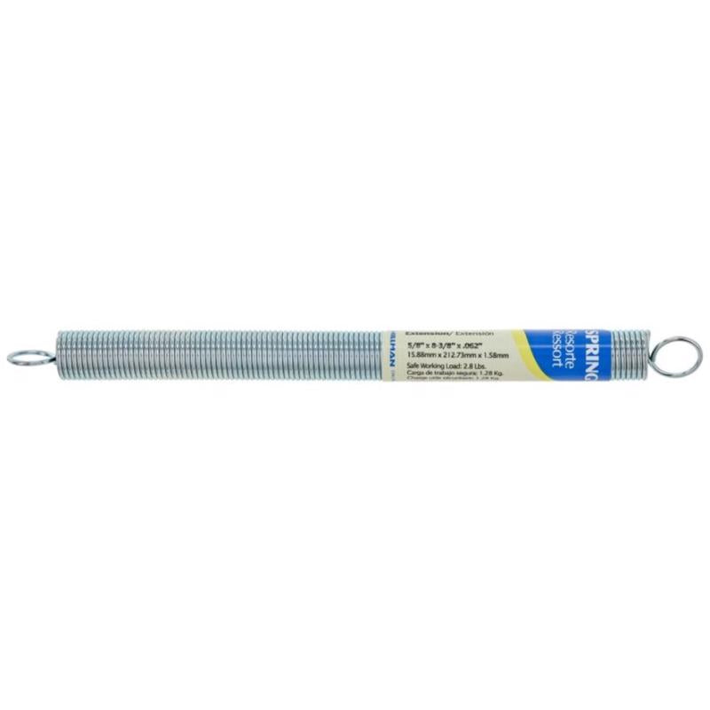 Emery Jensen extension spring, 5/8 inch size, made of metal, with hooks at both ends, designed for industrial or mechanical use.