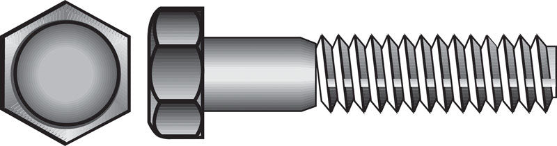 Emery Jensen Grade 2 stainless steel hex bolt, 1/2 inch diameter and 1-1/4 inch length, shown in close-up on a white background.
