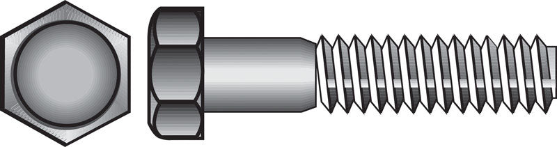 Emery Jensen Grade 2 stainless steel 1/4-inch hex bolt, 3-1/2 inches long with 1/4-inch NC threaded end, shown in close-up.