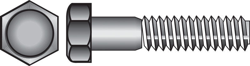 Stainless steel HEX bolt, 3/8 inch diameter, 2-1/2 inches long, Grade 2, by Emery Jensen, shown in a close-up image