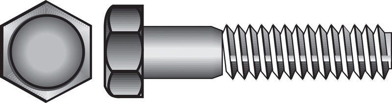 Emery Jensen 3/8-inch Grade 2 stainless steel hex bolt, 6-inch length, showing the smooth hex head and threaded shank.