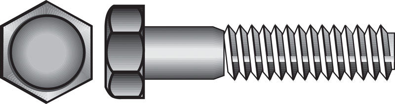 Emery Jensen stainless steel hex bolt, 5/16-inch diameter, Grade 2, with a 5-inch length, shown in a close-up image.