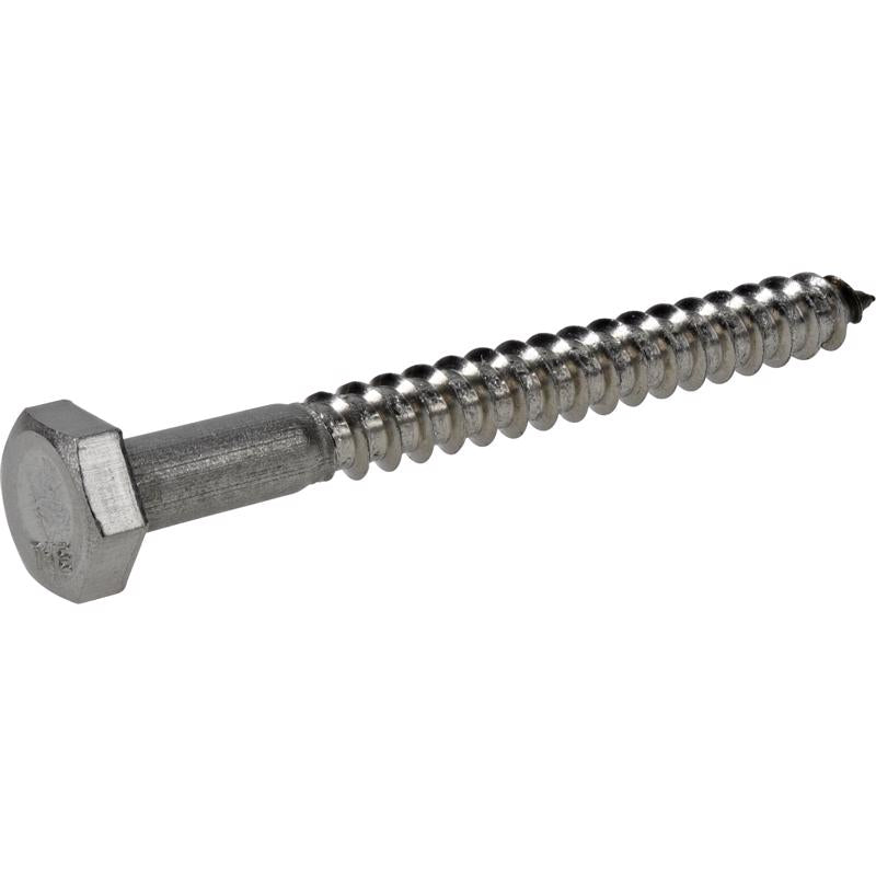 Emery Jensen 1/4x2-1/2 inch stainless steel lag bolt showing threaded shank and hex head for heavy-duty fastening.