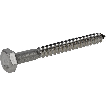 Emery Jensen 1/4x2-1/2 inch stainless steel lag bolt showing threaded shank and hex head for heavy-duty fastening.