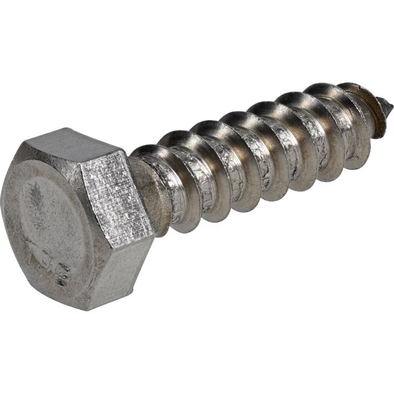 Emery Jensen stainless steel lag bolt, 3/8 inch diameter by 1-1/2 inches length, showing the heavy-duty threaded shank.