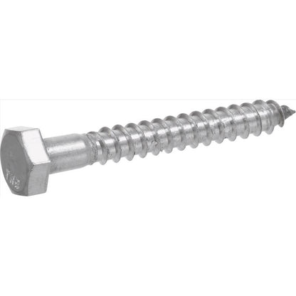 Stainless steel lag bolt, 3/8 inch by 5 inches, from Emery Jensen, showing the threaded shank and hex head for heavy-duty fastening.