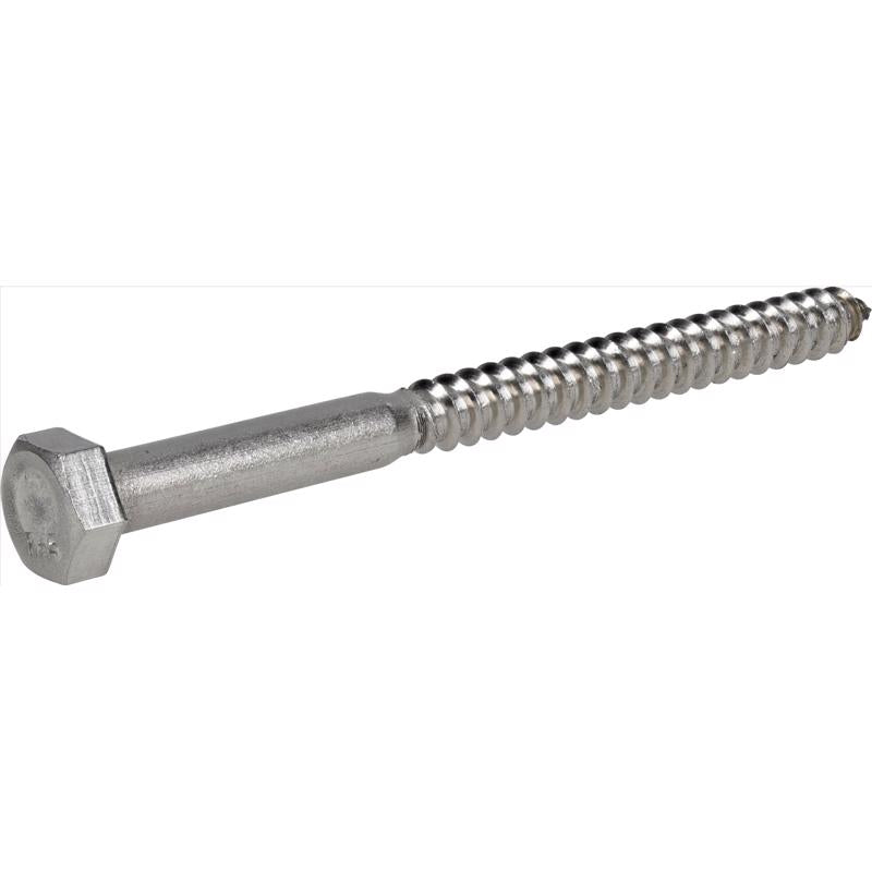 Stainless steel lag bolt 5/16x4 inches from Emery Jensen, showing the threaded metal bolt with a hex head for heavy-duty fastening