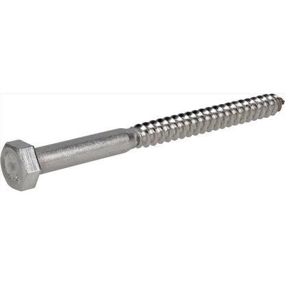 Stainless steel lag bolt 5/16x4 inches from Emery Jensen, showing the threaded metal bolt with a hex head for heavy-duty fastening