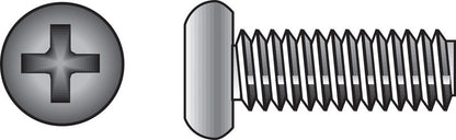 Emery Jensen stainless steel machine screw, 6-32x1/2 inch, with Phillips head, shown in close-up on a white background.