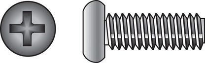 Emery Jensen stainless steel machine screw, 8-32x1/2 inch size, with a Phillips head and machine threading.