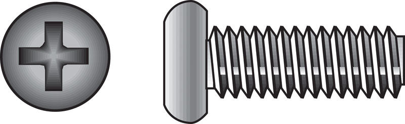 Stainless steel machine screw with Phillips head, 8-32 x 2 inches, from Emery Jensen, showing the screw's threaded shank and head details.